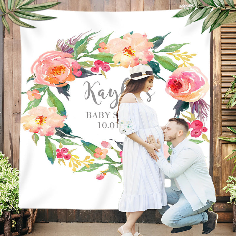 Lofaris Personalized Watercolor Flowers Baby Shower Backdrop Banner