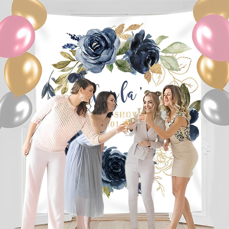 Lofaris Personalized Art Blue Flowers Baby Shower Backdrop