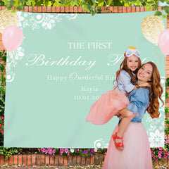 Lofaris Personalized White Flower Green Birthday Backdrop Banner