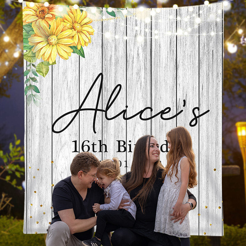 Lofaris Personalized Yellow Floral Wooden Birthday Backdrop