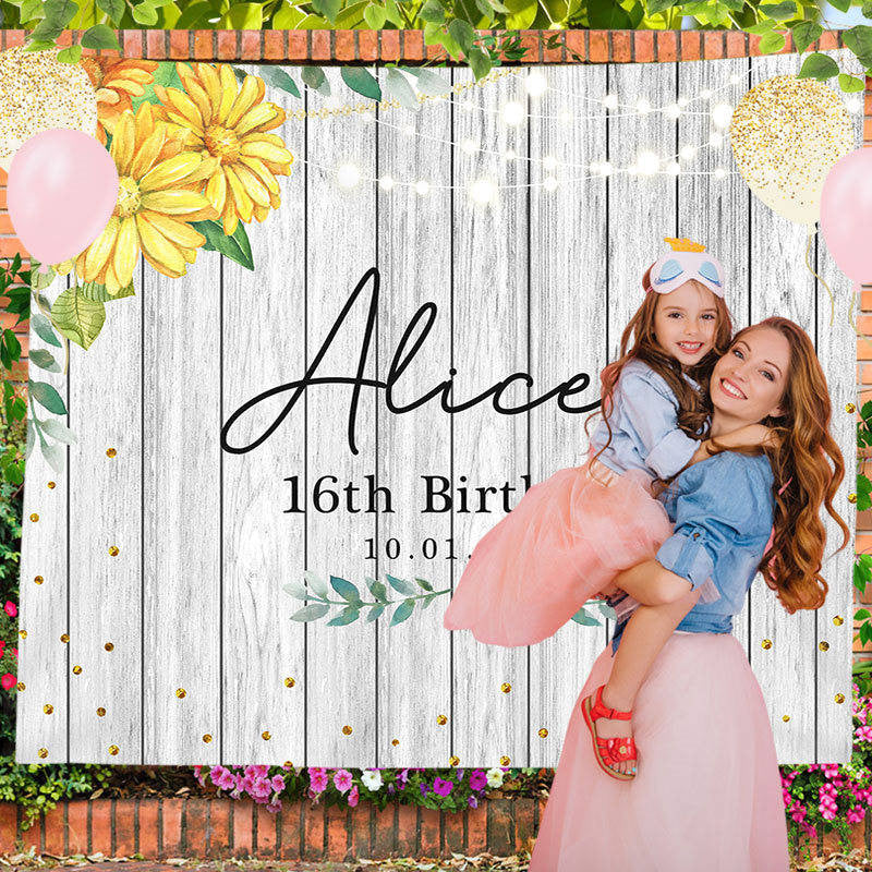 Lofaris Personalized Yellow Floral Wooden Birthday Backdrop