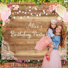 Lofaris Personzalized Pink Floral Brown Wood Birthday Backdrop