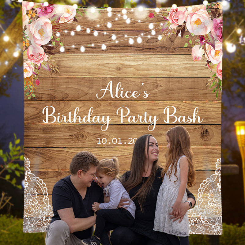 Lofaris Personzalized Pink Floral Brown Wood Birthday Backdrop