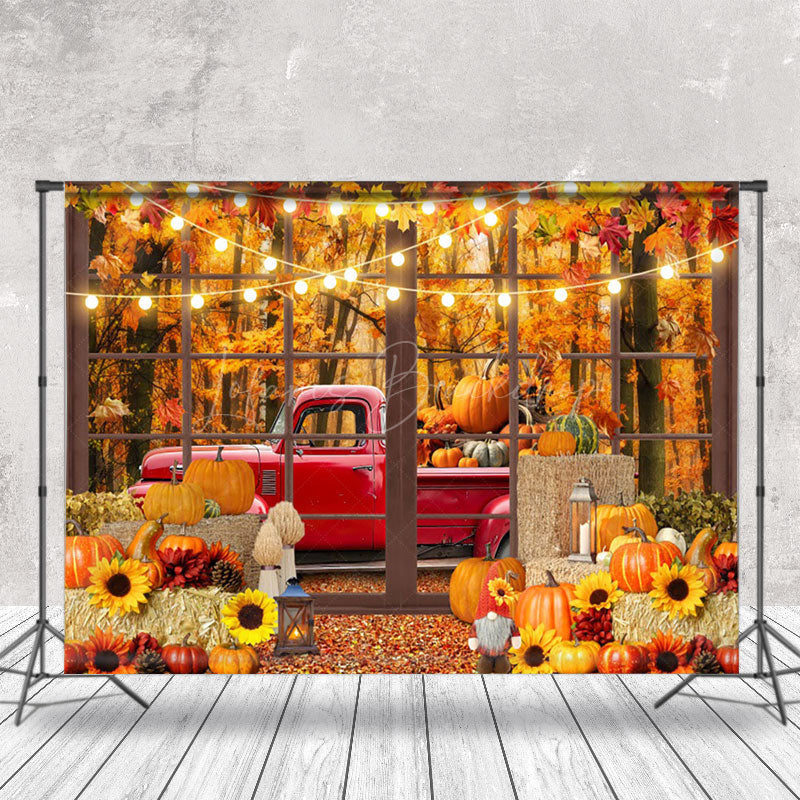 Lofaris Pickup Truck Full Of Pumpkins Outside The Window Backdrop
