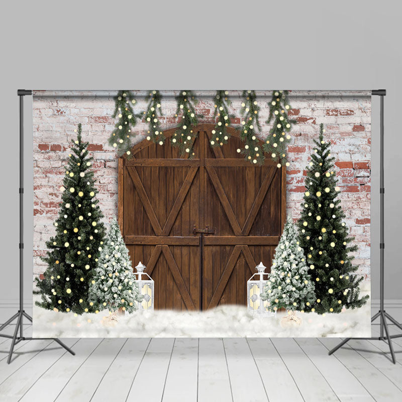 Lofaris Pine Tree Cloud Brick Wall Wood Door Christmas Backdrop