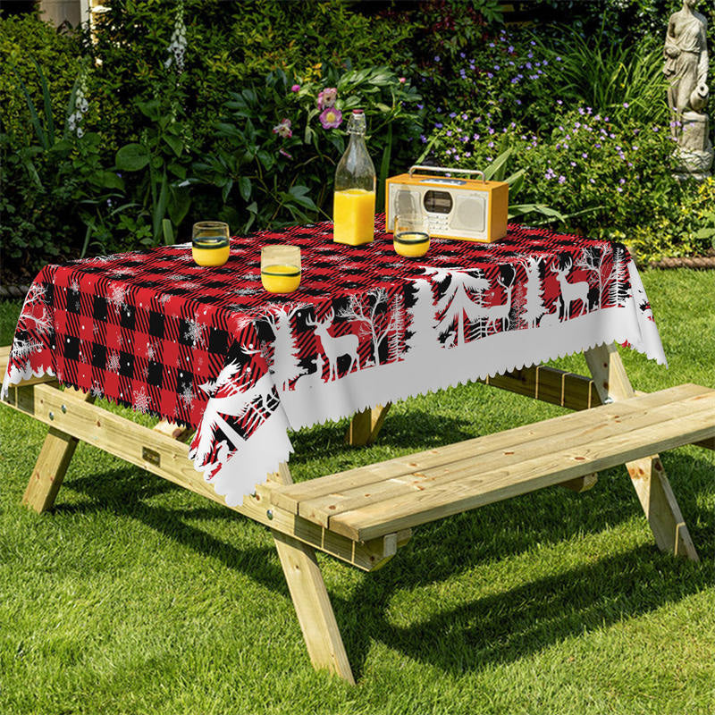Lofaris Pine Tree Reindeer Red Plaid Christmas Tablecloth