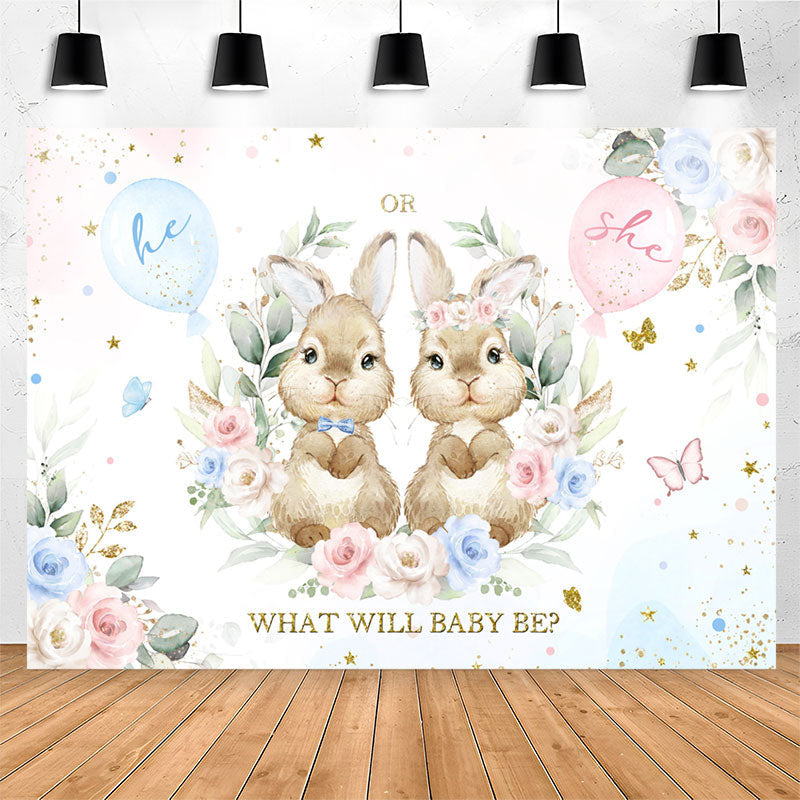 Lofaris Pink And Blue Bunny Floral Baby Shower Backdrop
