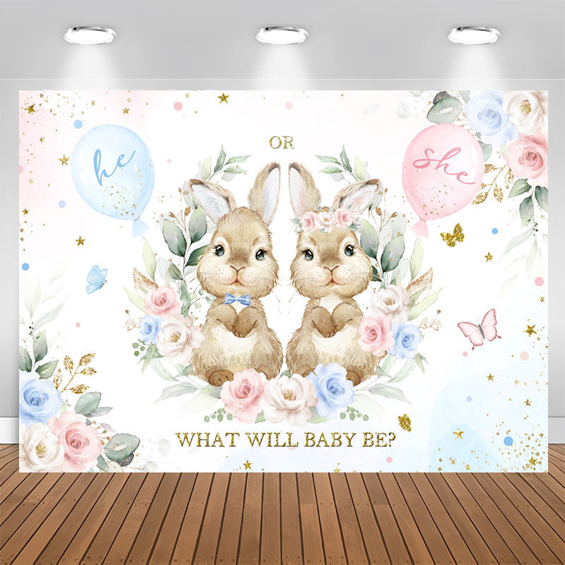 Lofaris Pink And Blue Bunny Floral Baby Shower Backdrop