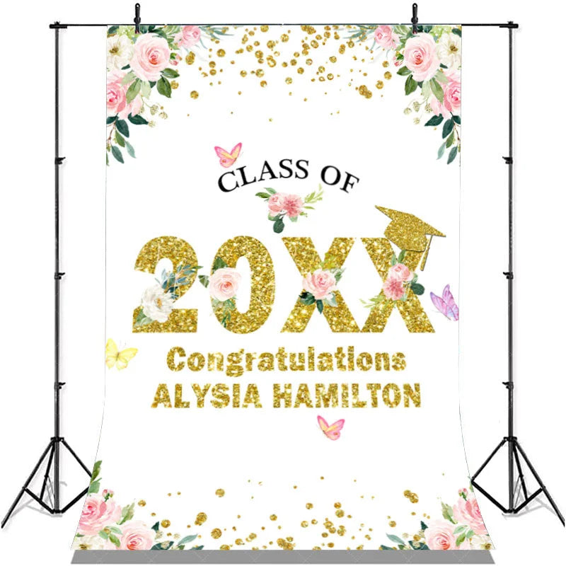 Lofaris Pink And White Floral Glitter Class Of 2022 Backdrop
