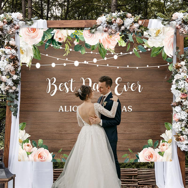 Lofaris Pink And White Floral Lights Wooden Wedding Backdrop