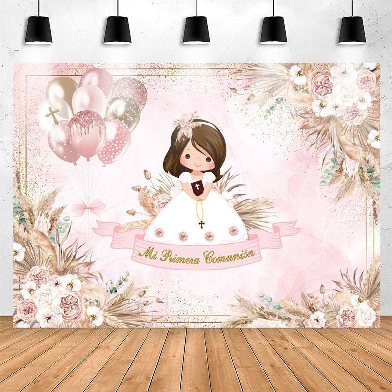 Lofaris Pink Balloon Floral Boho Baptism Backdrop For Girl