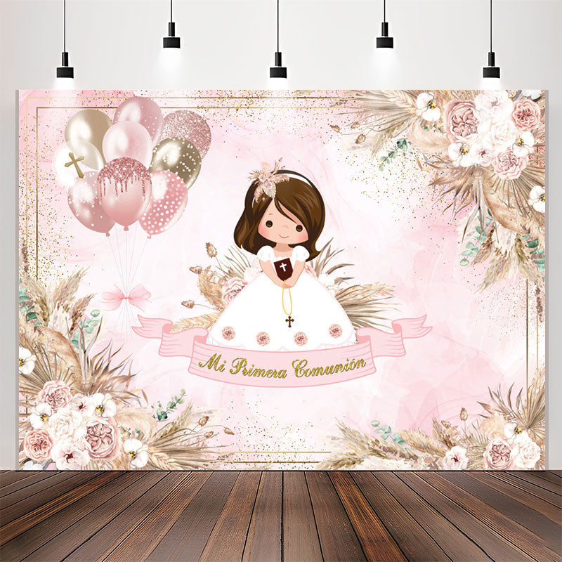 Lofaris Pink Balloon Floral Boho Baptism Backdrop For Girl
