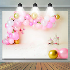 Lofaris Pink Balloons Warm Beige Butterflies Birthday Backdrop