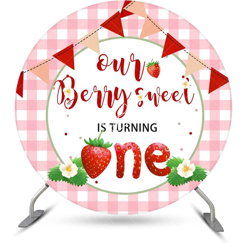 Lofaris Pink Berry Sweet Plaid Round 1st Birthday Backdrop