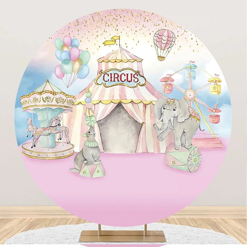 Lofaris Pink Blue Elepants Carousel Circus Round Backdrop