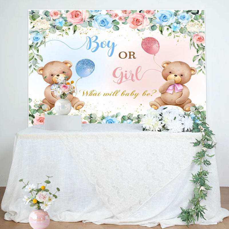 Lofaris Pink Blue Floral Teddy Bear Gender Reveal Backdrop