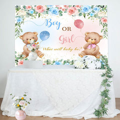 Lofaris Pink Blue Floral Teddy Bear Gender Reveal Backdrop