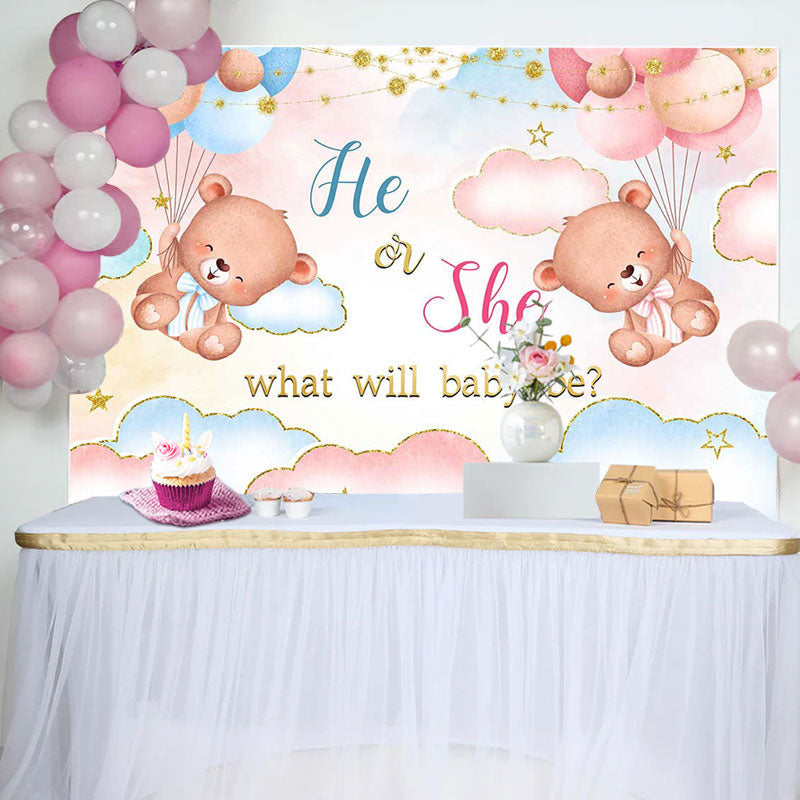 Lofaris Pink Blue Gold Clouds Bears Gender Reveal Backdrop