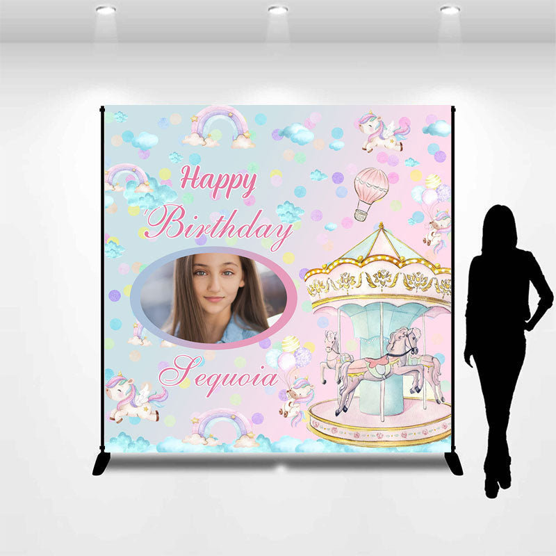 Lofaris Pink Blue Merry Go Round Custom Birthday Backdrop