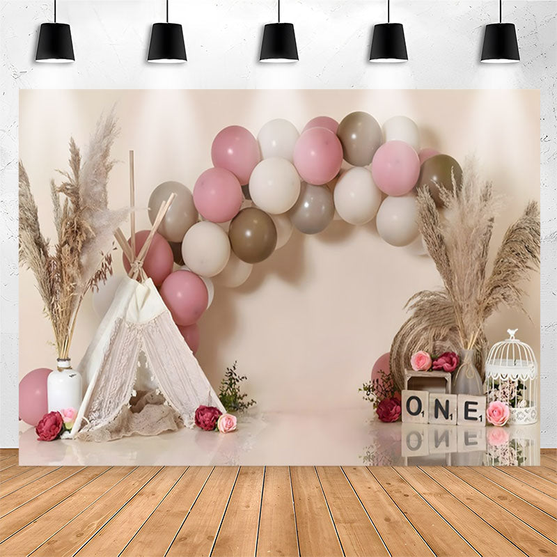 Lofaris Pink Brown Balloon Reed Tent 1st Birthday Backdrop