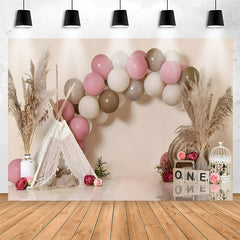 Lofaris Pink Brown Balloon Reed Tent 1st Birthday Backdrop