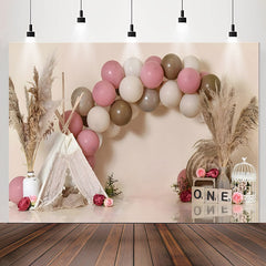 Lofaris Pink Brown Balloon Reed Tent 1st Birthday Backdrop