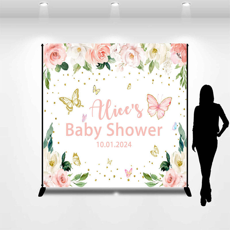 Lofaris Pink Butterflies Flower Custom Baby Shower Backdrop