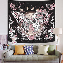 Lofaris Pink Butterfly Skull Mushroom Moon Wall Tapestry