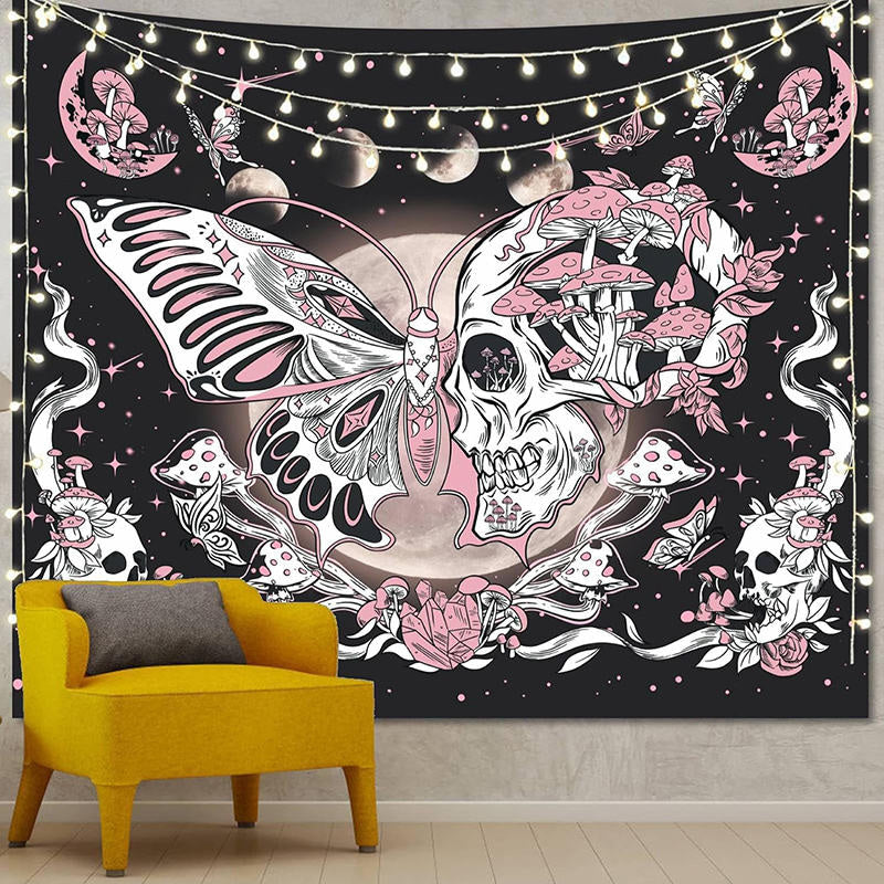 Lofaris Pink Butterfly Skull Mushroom Moon Wall Tapestry
