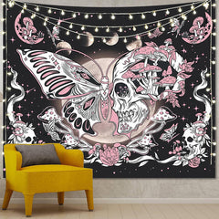 Lofaris Pink Butterfly Skull Mushroom Moon Wall Tapestry