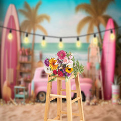 Lofaris Pink Car Surfboard Summer Beach Holiday Backdrop