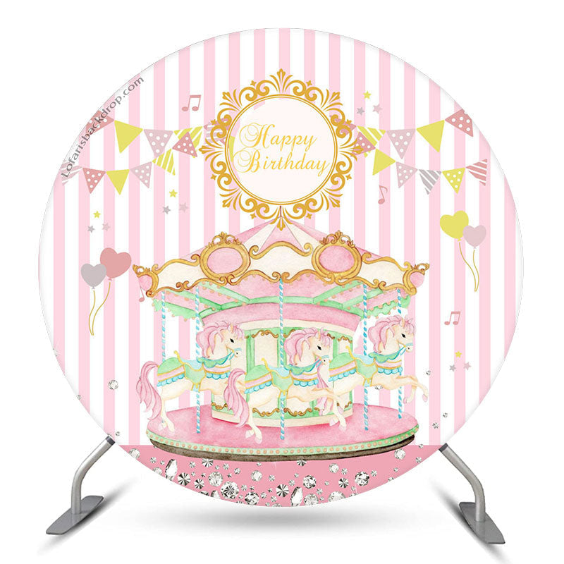 Lofaris Pink Carrousel Girls Happy Birthday Round Backdrop