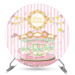 Lofaris Pink Carrousel Girls Happy Birthday Round Backdrop
