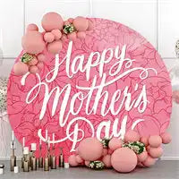 Pink circular decoration with ’Happy Mother’s Day’ text and balloon garland accents.