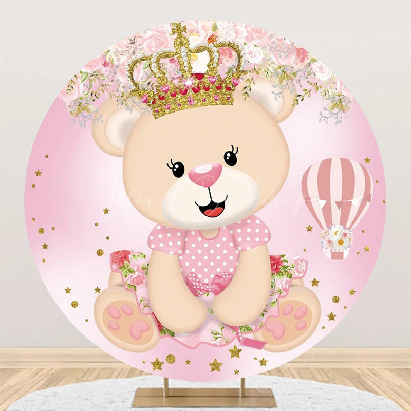 Lofaris Pink Crown Bear Floral Circle Baby Shower Backdrop