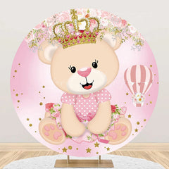 Lofaris Pink Crown Bear Floral Circle Baby Shower Backdrop