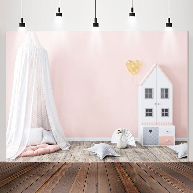 Lofaris Pink Dollhouse Mosquito Net Girl Birthday Backdrop