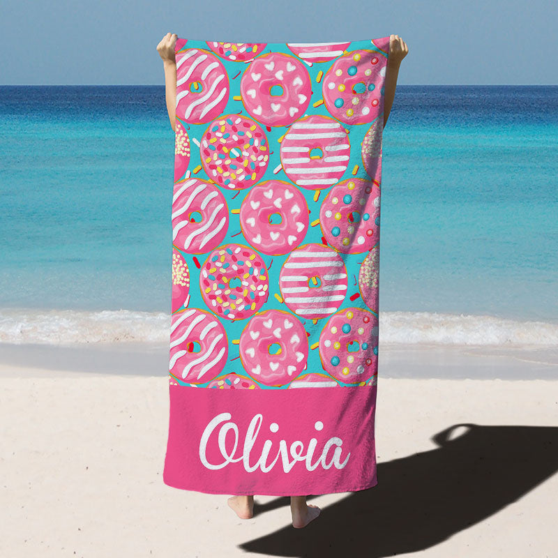 Lofaris Pink Donuts Custom Name Beach Towel for Girl