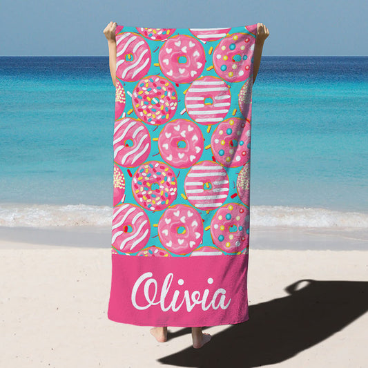 Lofaris Pink Donuts Custom Name Beach Towel for Girl