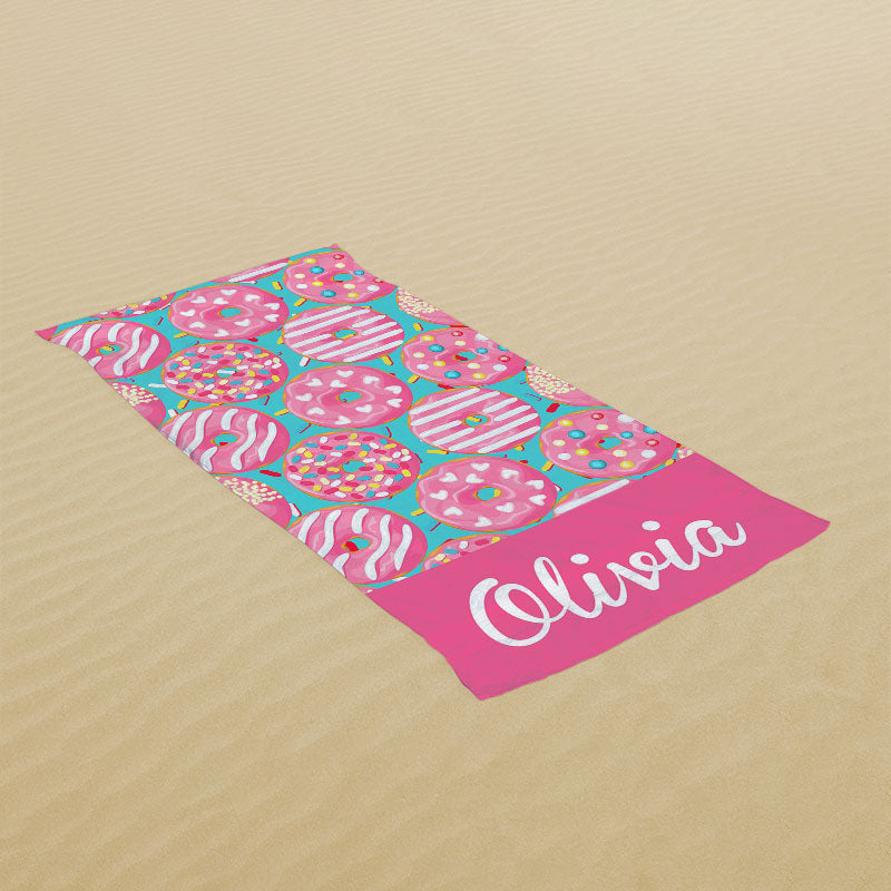 Lofaris Pink Donuts Custom Name Beach Towel for Girl