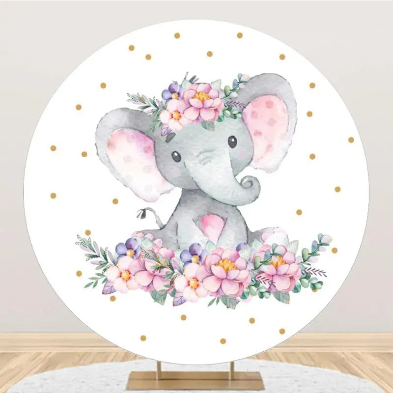Lofaris Pink Elephant Floral Dots Round Baby Shower Backdrop