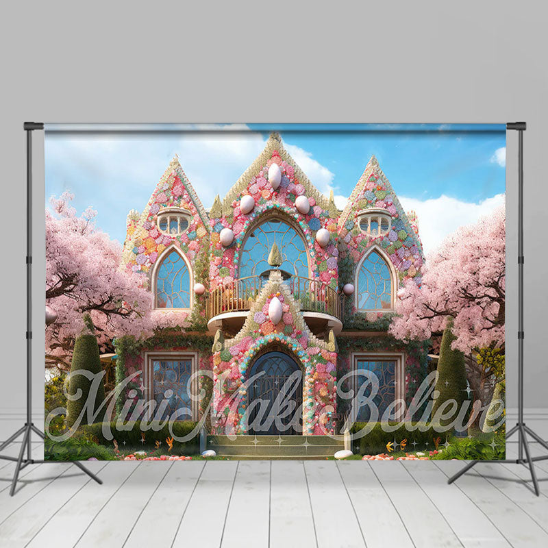 Lofaris Pink Fairy House Sakura Tree Eggs Easter Backdrop