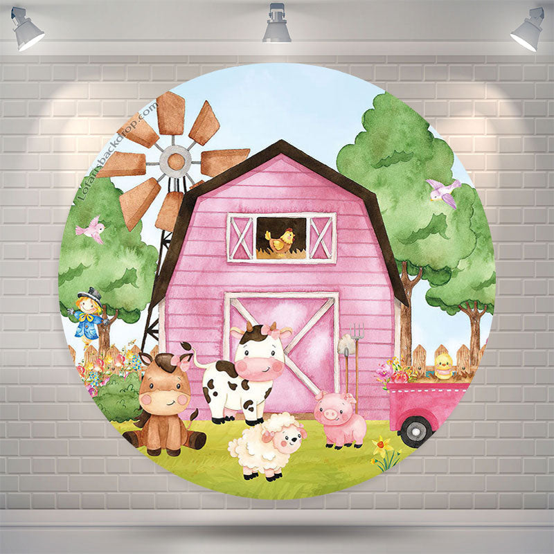 Lofaris Pink Farm Animals Brithday Round Backdrop Cover