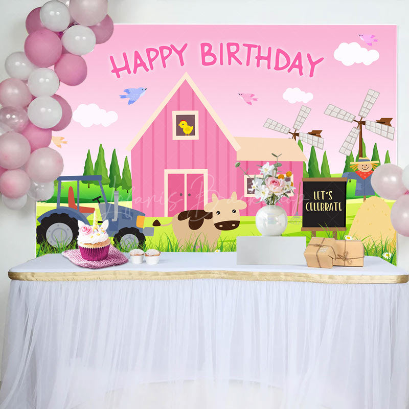 Lofaris Pink Farm Sky Cow Windmill Grass Birthday Backdrop