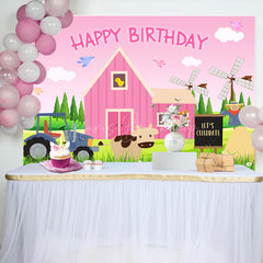 Lofaris Pink Farm Sky Cow Windmill Grass Birthday Backdrop
