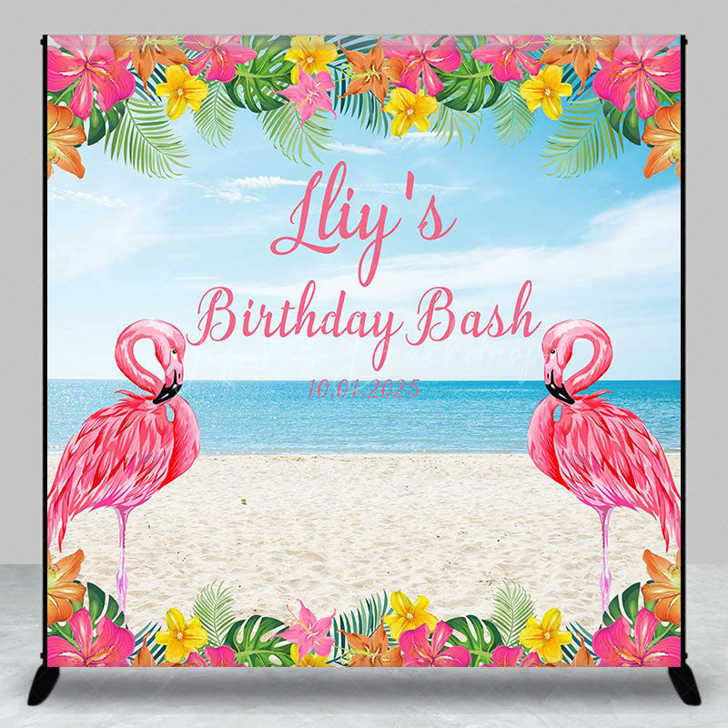 Lofaris Pink Flamingo Floral Beach Custom Birthday Backdrop