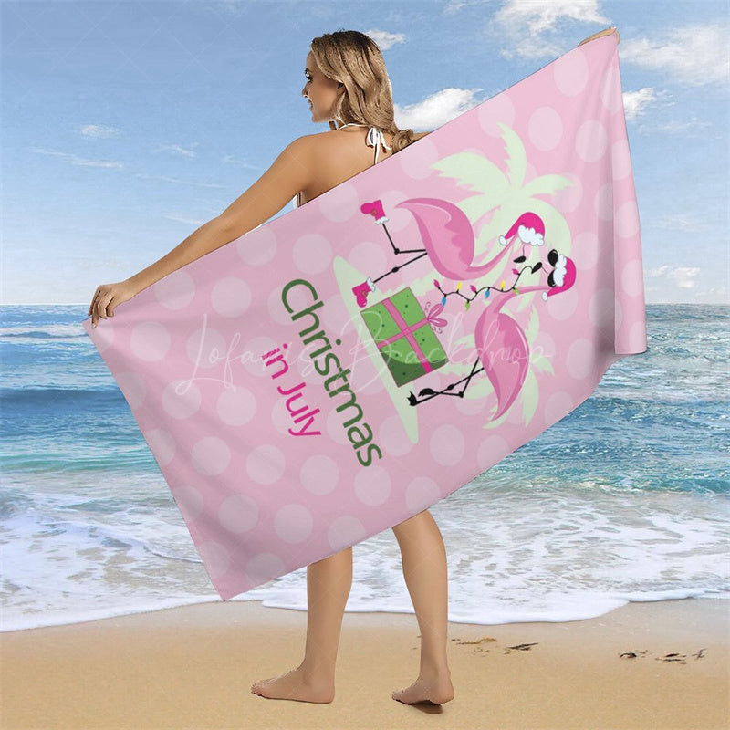 Lofaris Pink Flamingo Summer Christmas In July Beach Towel