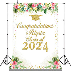 Lofaris Pink Floral And Leaves Gold Glitter Class Of 2022 Backdrop