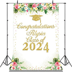 Lofaris Pink Floral And Leaves Gold Glitter Class Of 2022 Backdrop