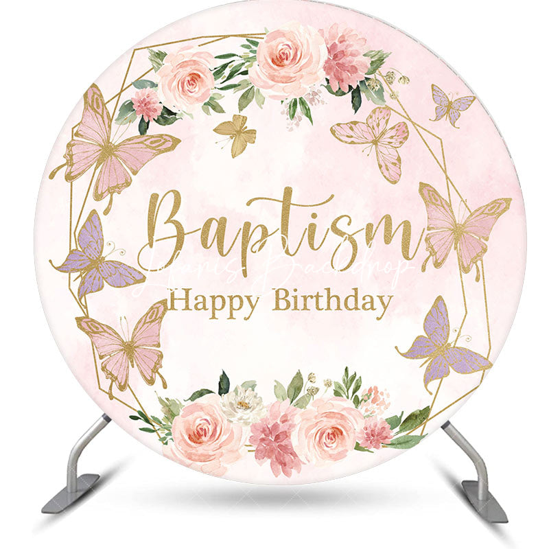 Lofaris Pink Floral Baptism Round Happy Birthday Backdrop